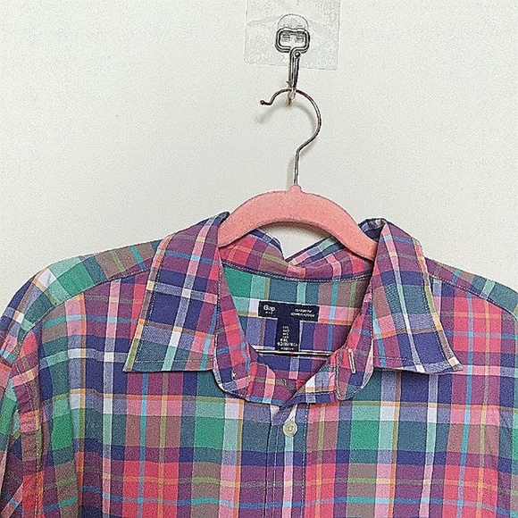 Gap Factory Pink Green and Blue Plaid Classic Fit Button Up Shirt Size Large - Picture 7 of 10